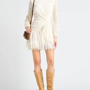 Maje Ivory Lace Twist-Ruched Mini Dress